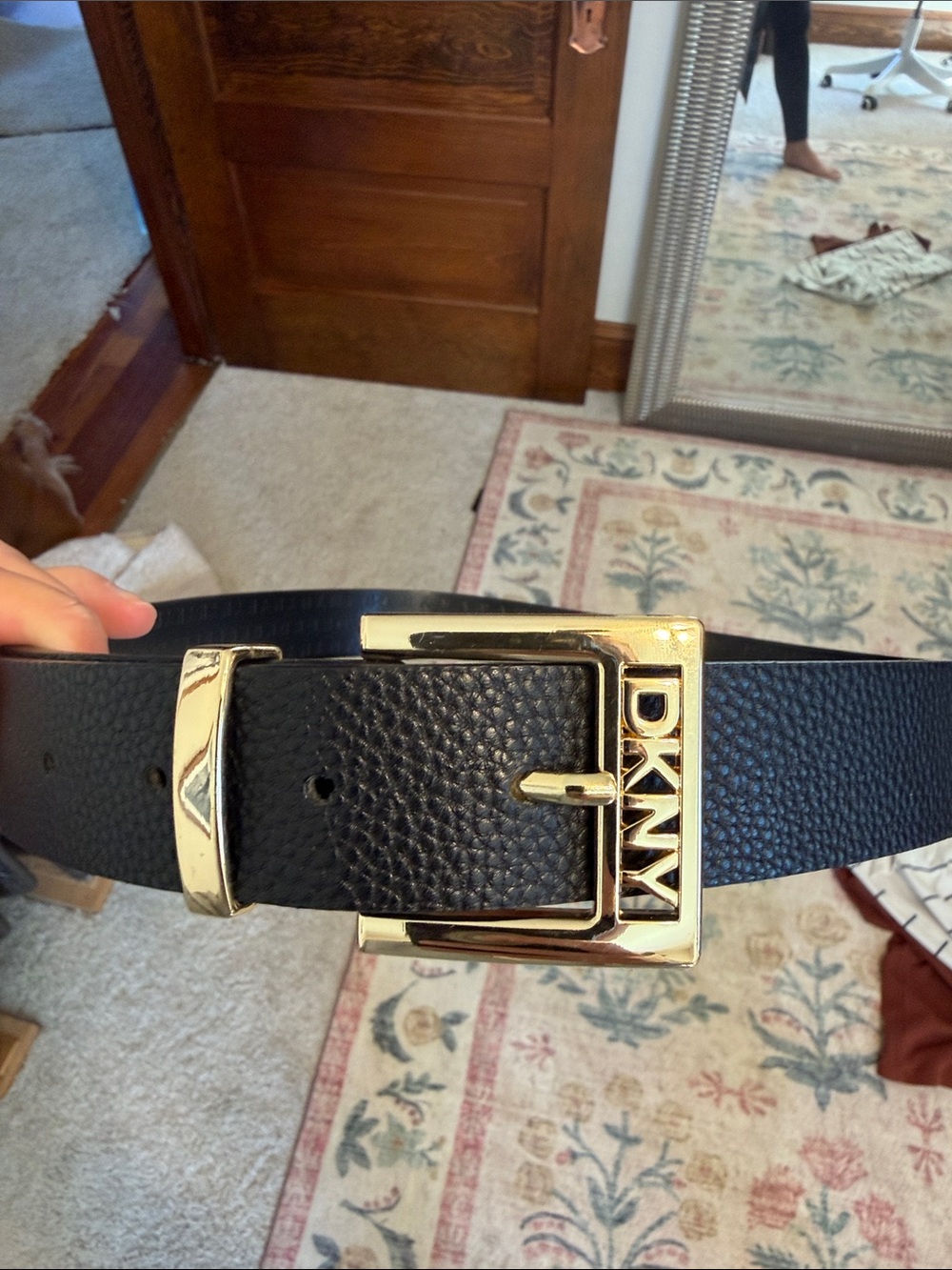 DKNY Black Leather Belt with Gold Logo Buckle